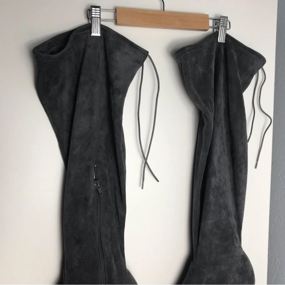 NWOT Gray Faux Suede Over the Knee Boots | Block Heel Tie Back Zip | Fall Winter